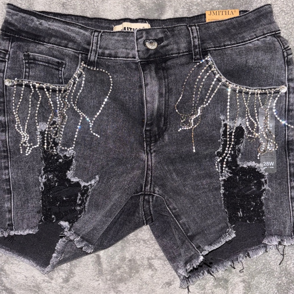 Jmitha Black Distressed Denim Shorts with Silver Accents